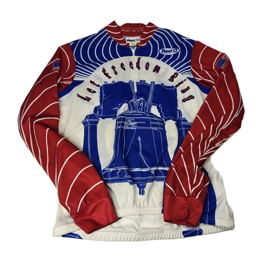 Revi Cycling Jersey Red White Blue Size L Made In USA Biker Print Polyester
